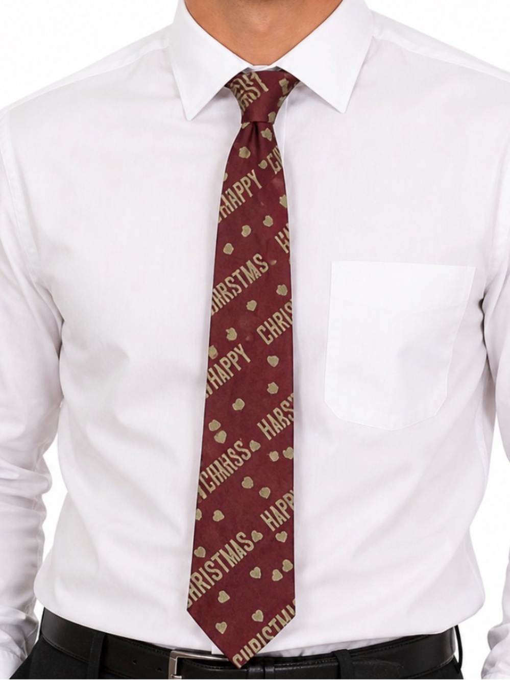 Moschino Burgundy and Gold 'Happy Christmas' Silk Tie festive